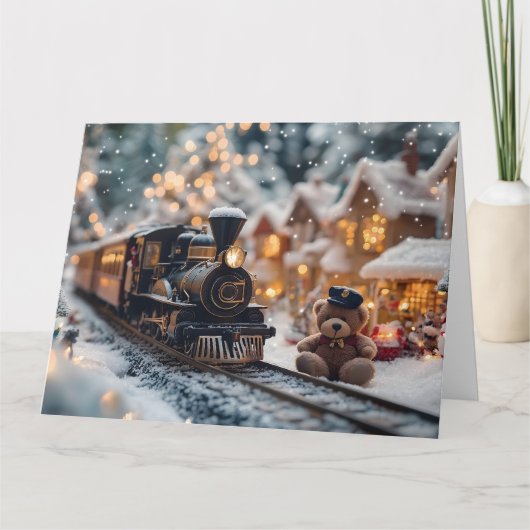 Carte Scène de train de Noël magique avec ours en peluch (Devant)