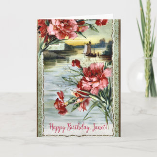 Carte Scène de vintage paisible Voiliers Fleurs Annivers