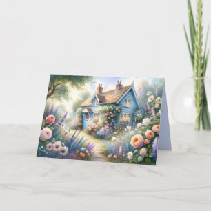Carte Scène florale de maison bleue de jardin de campagn