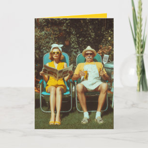 Carte Scène Rétro de BBQ dans un Jardin avec un Couple É