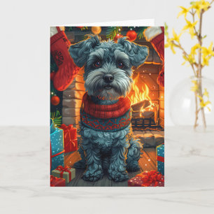 Carte Schnauzer avec des cadeaux de Noël devant une chem