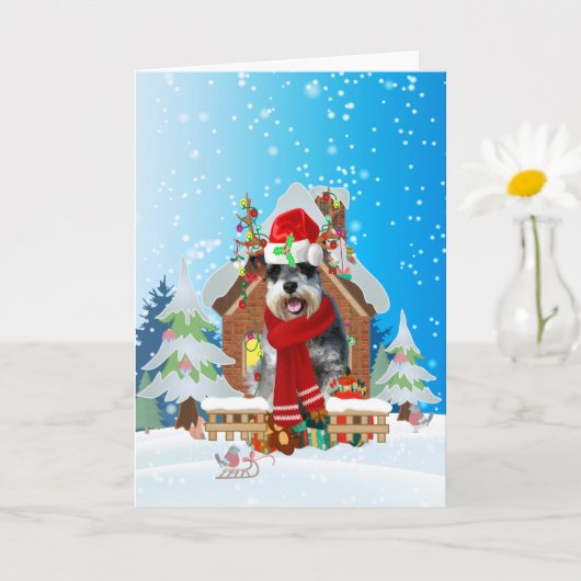 Carte Schnauzer dans la neige avec des cadeaux de Noël (Petite plante)