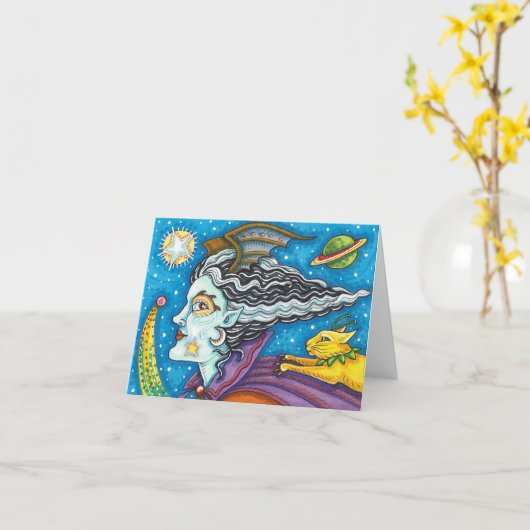 Carte SCI FI SPACE WITCH & COMET CAT HALLOWEEN Vide (Fleur jaune)