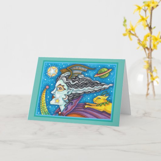 Carte SCI FI SPACE WITCH & COMET CAT HALLOWEEN Vide (Fleur jaune)