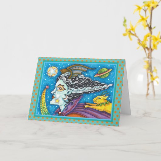 Carte SCI FI SPACE WITCH & COMET CAT HALLOWEEN Vide (Fleur jaune)