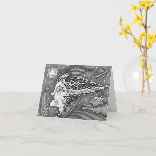 CARTE SCI FI SPACE WITCH & COMET CAT HUMOUR NOIR / WHT B (Fleur jaune)