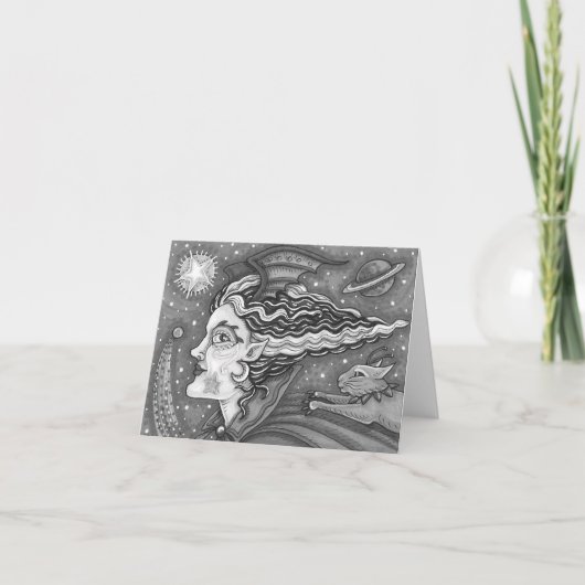 CARTE SCI FI SPACE WITCH & COMET CAT HUMOUR NOIR / WHT B (Devant)