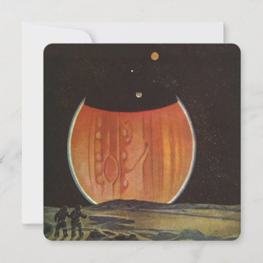 Carte Science-fiction vintage, astronautes sur Ganymède (Devant)