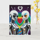 Carte SciFi Female Robots in Love Rainbow Heart (Fleur jaune)