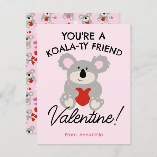 Carte scolaire Koala Bear Valentine's Day (Devant / Derrière)