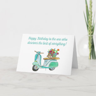 Carte Scooter d'anniversaire à l'aquarelle avec panier d