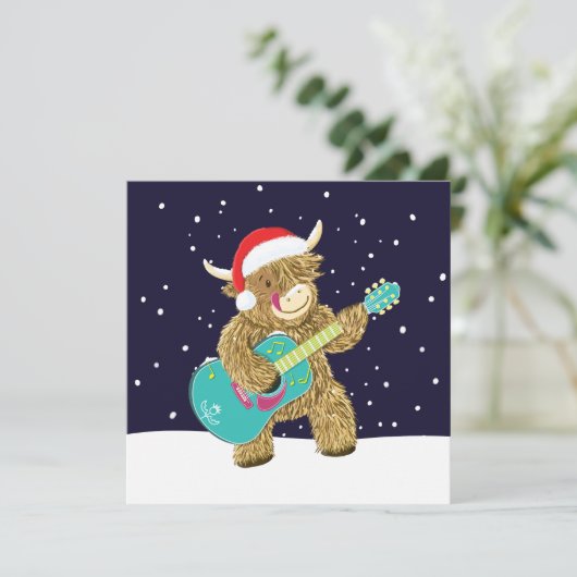 Carte Scottish Highland Cows Joue Une Guitare De Noël (Debout devant)