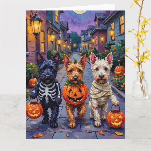 Carte Scottish Terrier Dogs in Halloween Costumes (Fleur jaune)