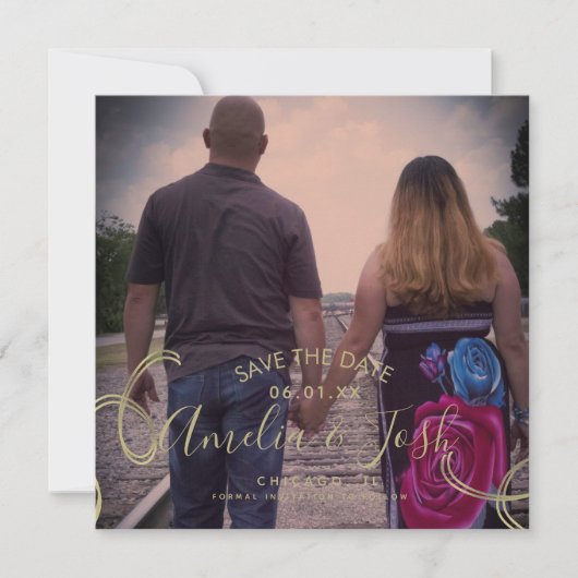 Carte Script Enregistrer la date Photo Faux Swirl Black (Devant)