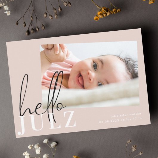 Carte Script Hello Nom Black Minimalist Photo Baby