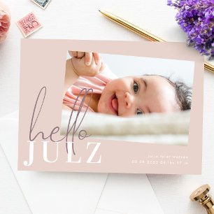 Carte Script Hello Nom Peach Minimalist Photo Baby