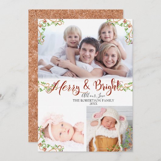 Carte Script Merry Bright Berry Foliage Rose Gold Photo (Devant / Derrière)