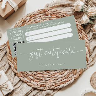 Carte Script moderne Sage Green   Certificat cadeau