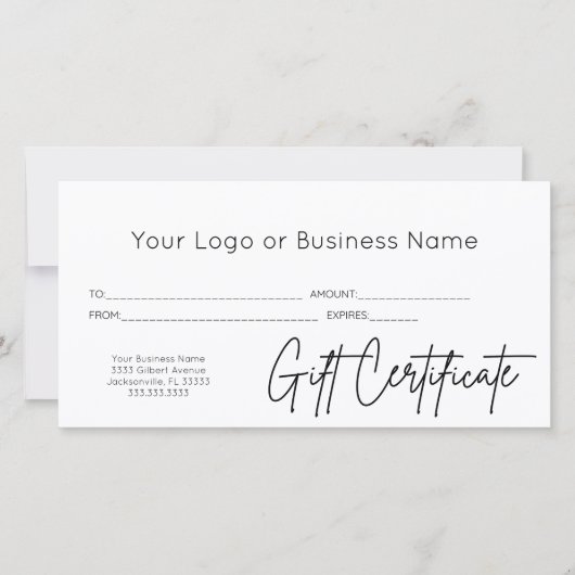 Carte Script moderne Votre Logo Certificat Cadeau Profes (Devant)