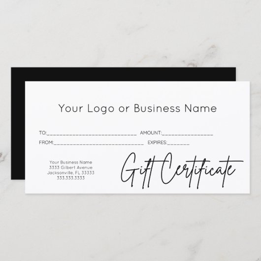 Carte Script moderne Votre Logo Certificat Cadeau Profes (Devant / Derrière)