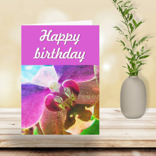 Carte Script Photo d'orchidée rose Joyeux Anniversaire