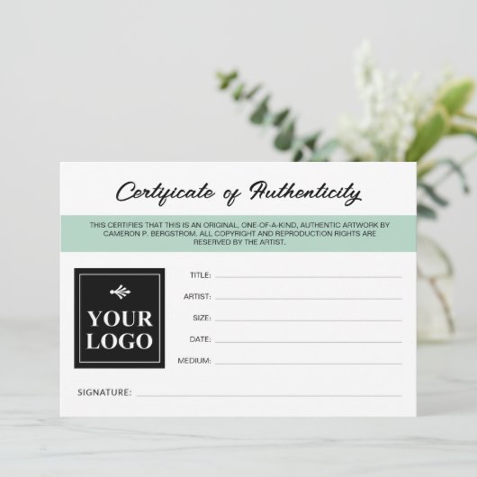 Carte Seafoam Green Your Logo Authenticité Certificate (Debout devant)