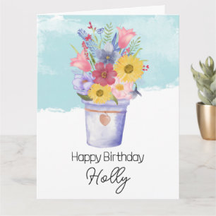 Carte seau rempli de fleurs salutations d'anniversaire