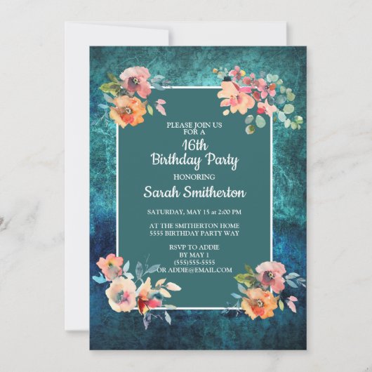 Carte Seizième fête d'anniversaire Turquoise rose rayure (Devant)