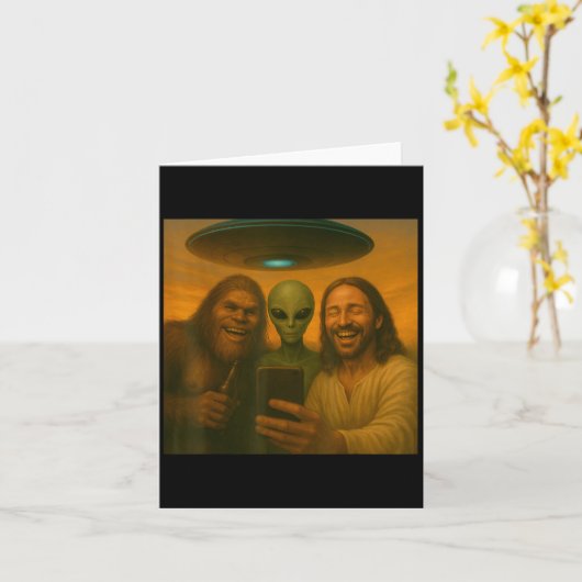 Carte Selfie Bigfoot Jésus Alien - Cryptid Funny Sasquas (Fleur jaune)