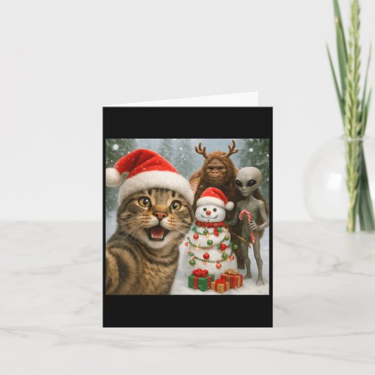 Carte Selfie Chat De Noël Drôle Avec Alien Bigfoot & (Devant)