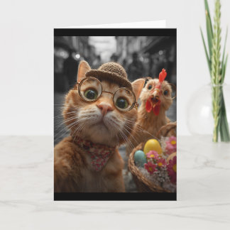 Carte Selfie chat et poulet Œufs de Pâques vintage drôle