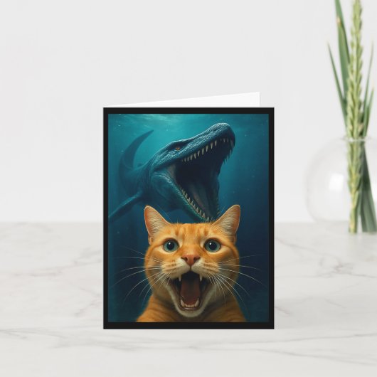 Carte Selfie de chat avec dinosaure Mosasaurus pour garç (Devant)
