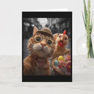 Carte Selfie de chat et de poulet Œufs de Pâques vintage