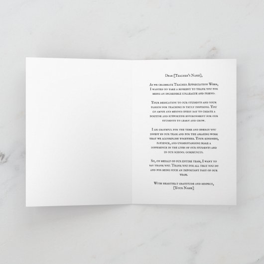 Carte Semaine d'appréciation de l'enseignant | Pour un c (Intérieur)