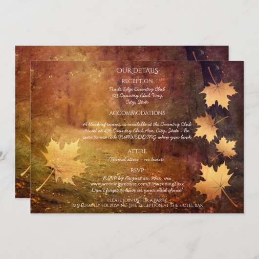 Carte sentier d'automne chute feuille détails mariages (Devant / Derrière)