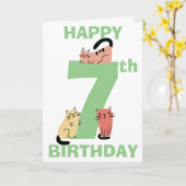 Carte Septième (7e) Anniversaire Doodle Cats Message per (Fleur jaune)