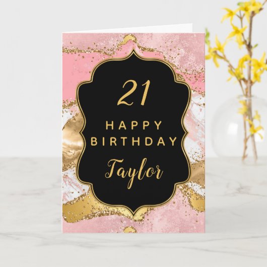 Carte Séquins or et rose Agate Joyeux anniversaire (Fleur jaune)