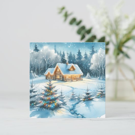 Carte Serene Log Cabine dans une forêt d'hiver (Debout devant)