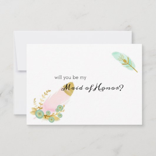 Carte Serez-vous ma femme d'honneur Boho Feathers rose (Devant)