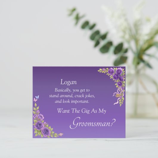 Carte Serez-Vous Mon Groomsman ? Fleurs mauves violettes (Debout devant)