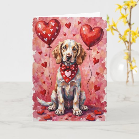 Carte Setter Anglais Saint-Valentin Chien avec des Cœurs (Fleur jaune)