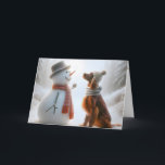 Carte Setter irlandais de Noël avec Snowman<br><div class="desc">Un bonhomme de neige et un chien de l'Irish Setter,  tous deux portant des foulards,  partagent un moment de compagnie dans une forêt enneigée</div>