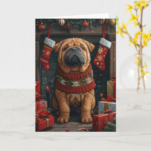 Carte Shar Pei avec des cadeaux de Noël Cheminée