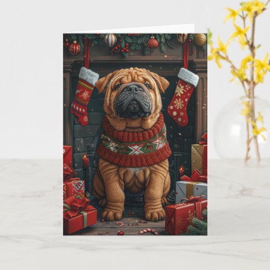 Carte Shar Pei chien avec des cadeaux de Noël Cheminée (Fleur jaune)