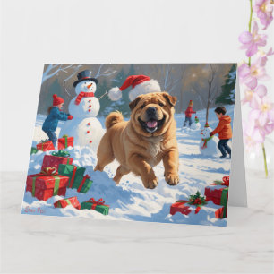 Carte Shar Pei courant dans la neige avec un chapeau de