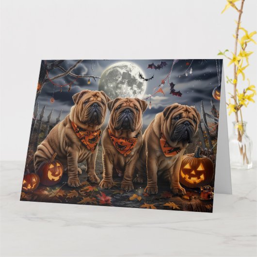 Carte Shar Pei Halloween Éffrayant (Fleur jaune)