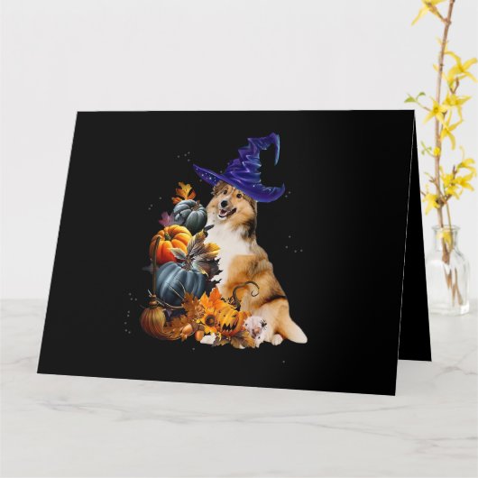 Carte Sheltie Chien Sorcière Et Citrouilles Halloween Th (Fleur jaune)
