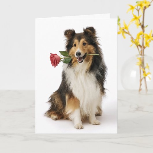 Carte Sheltie Valentine – Cœur Doux, Amour Véritable (Fleur jaune)