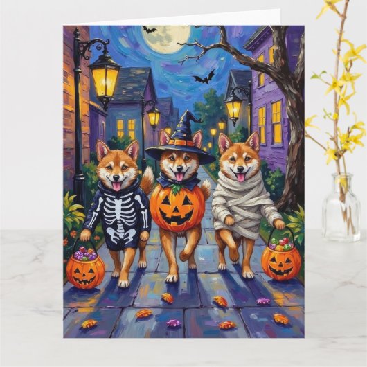 Carte Shiba Inu Dogs in Halloween Costumes (Fleur jaune)