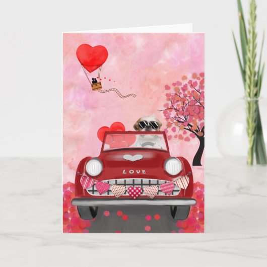 Carte Shih Tzu Chien Voiture avec coeurs Saint-Valentin  (Devant)